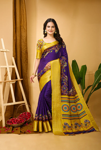 MoonPalav Purple and Gold Kalamkari Banarasi Silk Cotton Saree Moonpalav