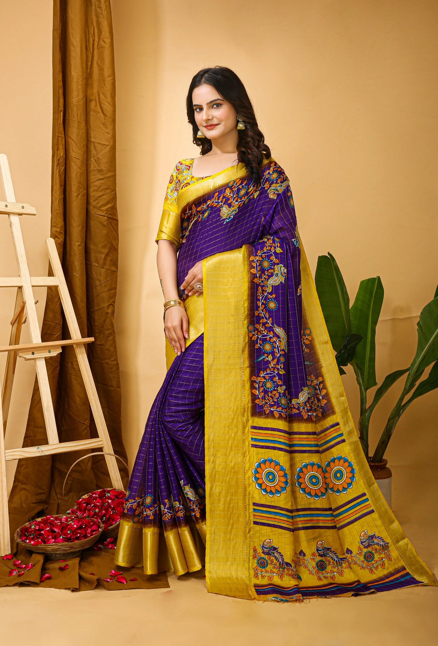 MoonPalav Purple and Gold Kalamkari Banarasi Silk Cotton Saree Moonpalav