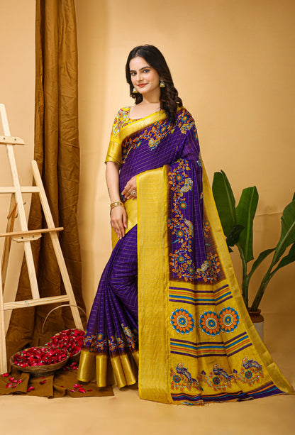 MoonPalav Purple and Gold Kalamkari Banarasi Silk Cotton Saree Moonpalav