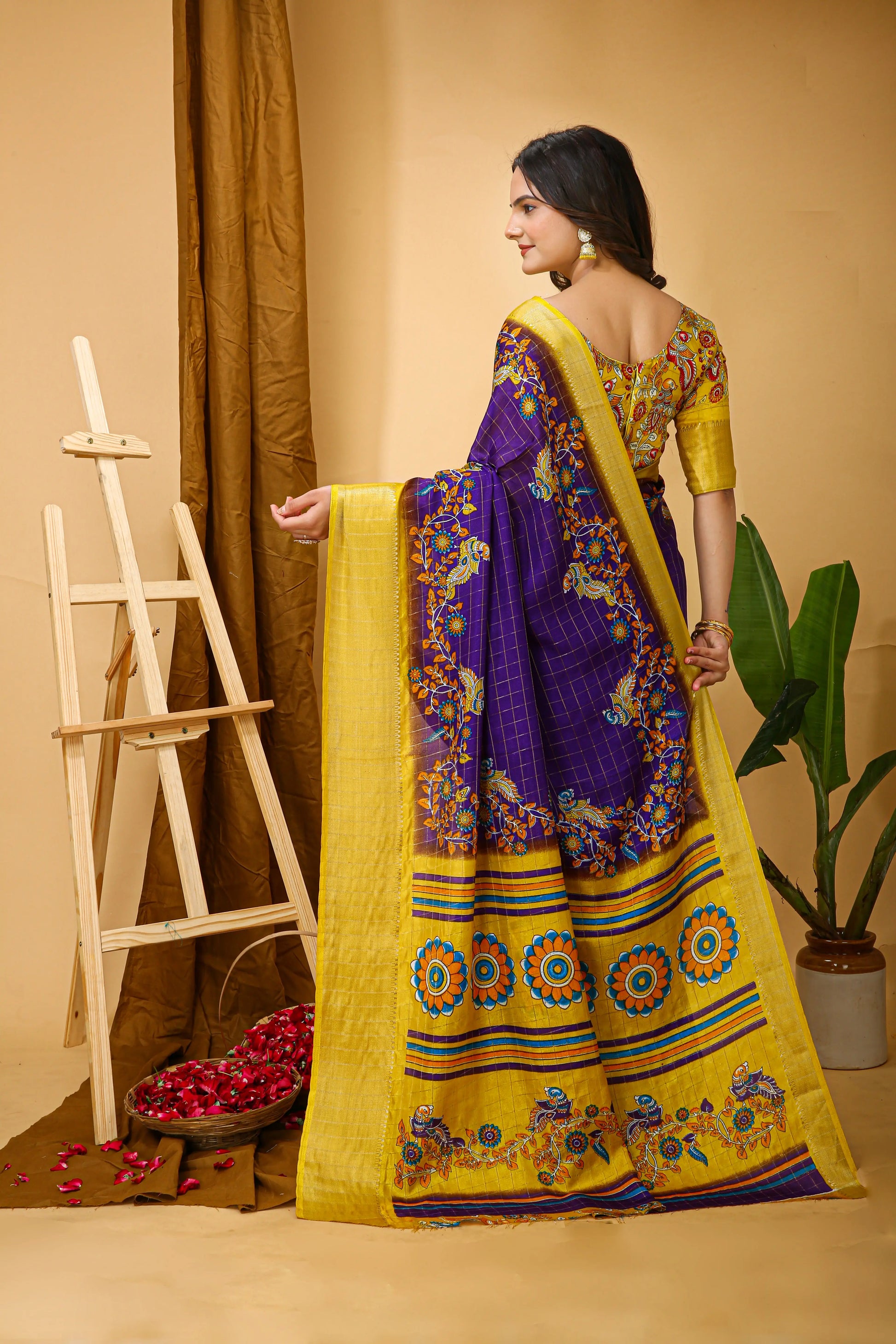 MoonPalav Purple and Gold Kalamkari Banarasi Silk Cotton Saree Moonpalav