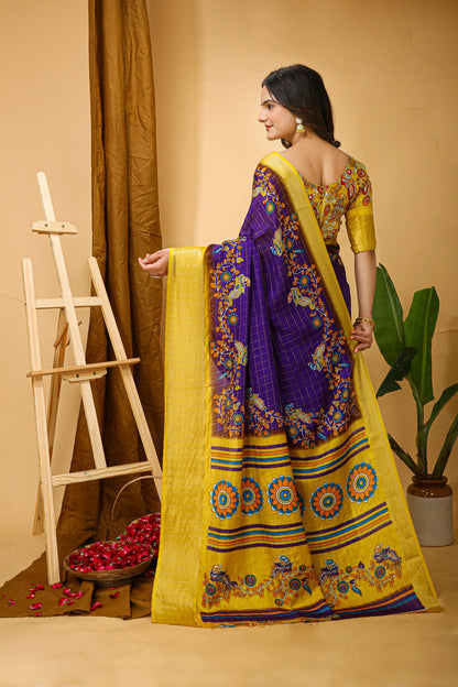 MoonPalav Purple and Gold Kalamkari Banarasi Silk Cotton Saree Moonpalav