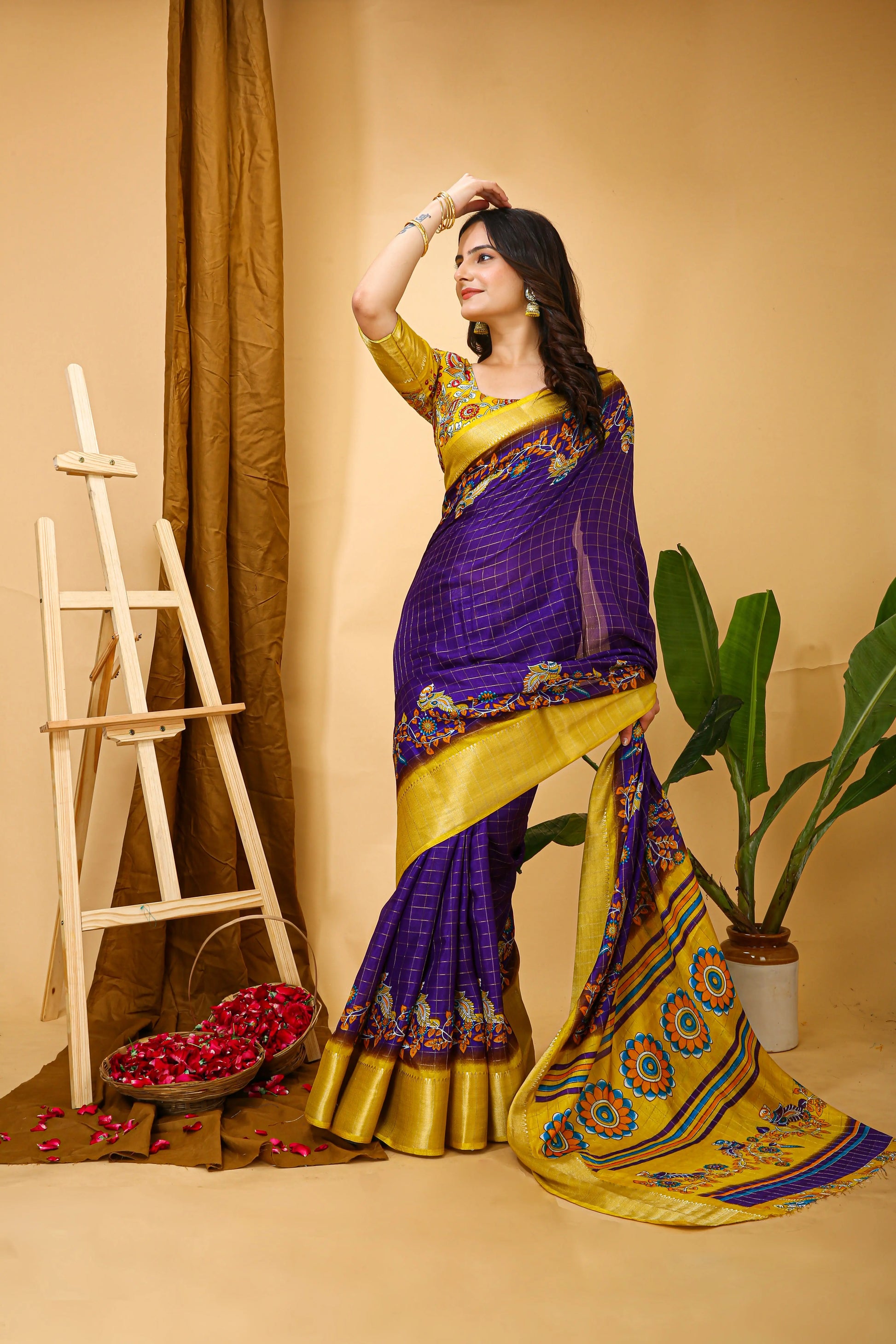 MoonPalav Purple and Gold Kalamkari Banarasi Silk Cotton Saree Moonpalav