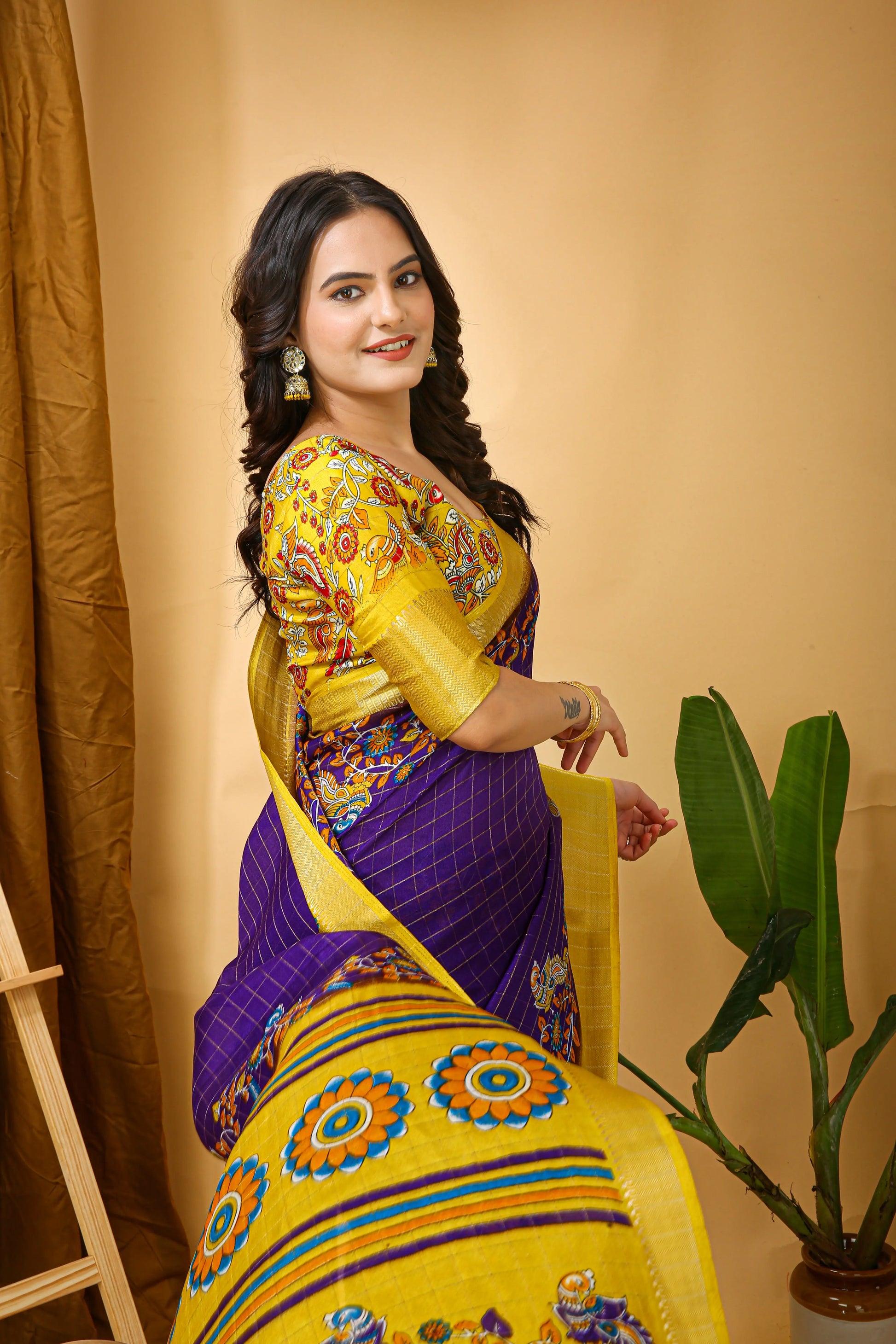 MoonPalav Purple and Gold Kalamkari Banarasi Silk Cotton Saree Moonpalav