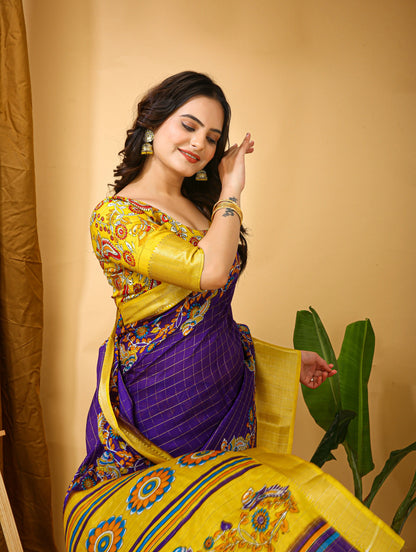 MoonPalav Purple and Gold Kalamkari Banarasi Silk Cotton Saree Moonpalav