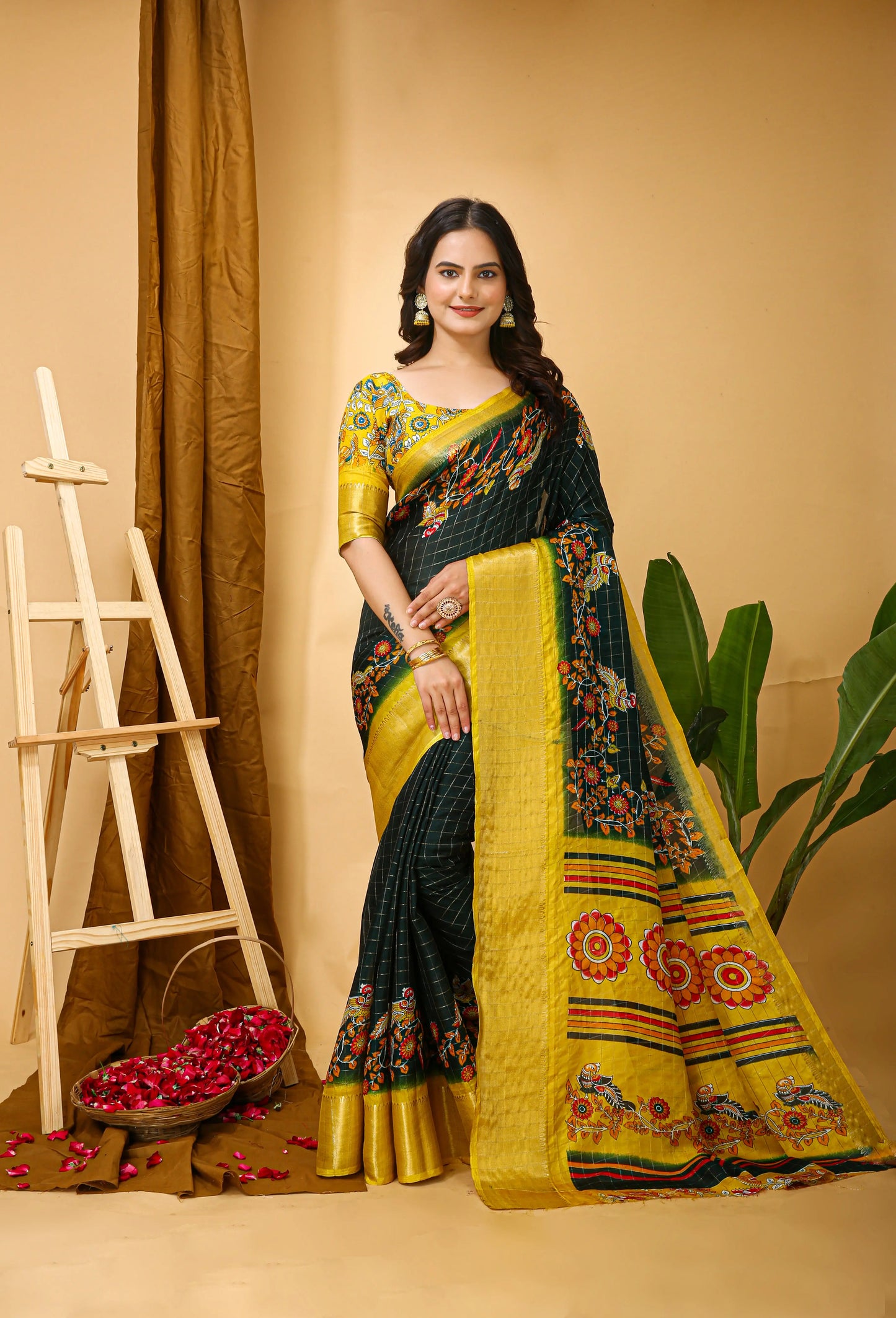 MoonPalav Elegant Dark Green Saree with Floral Motifs Moonpalav
