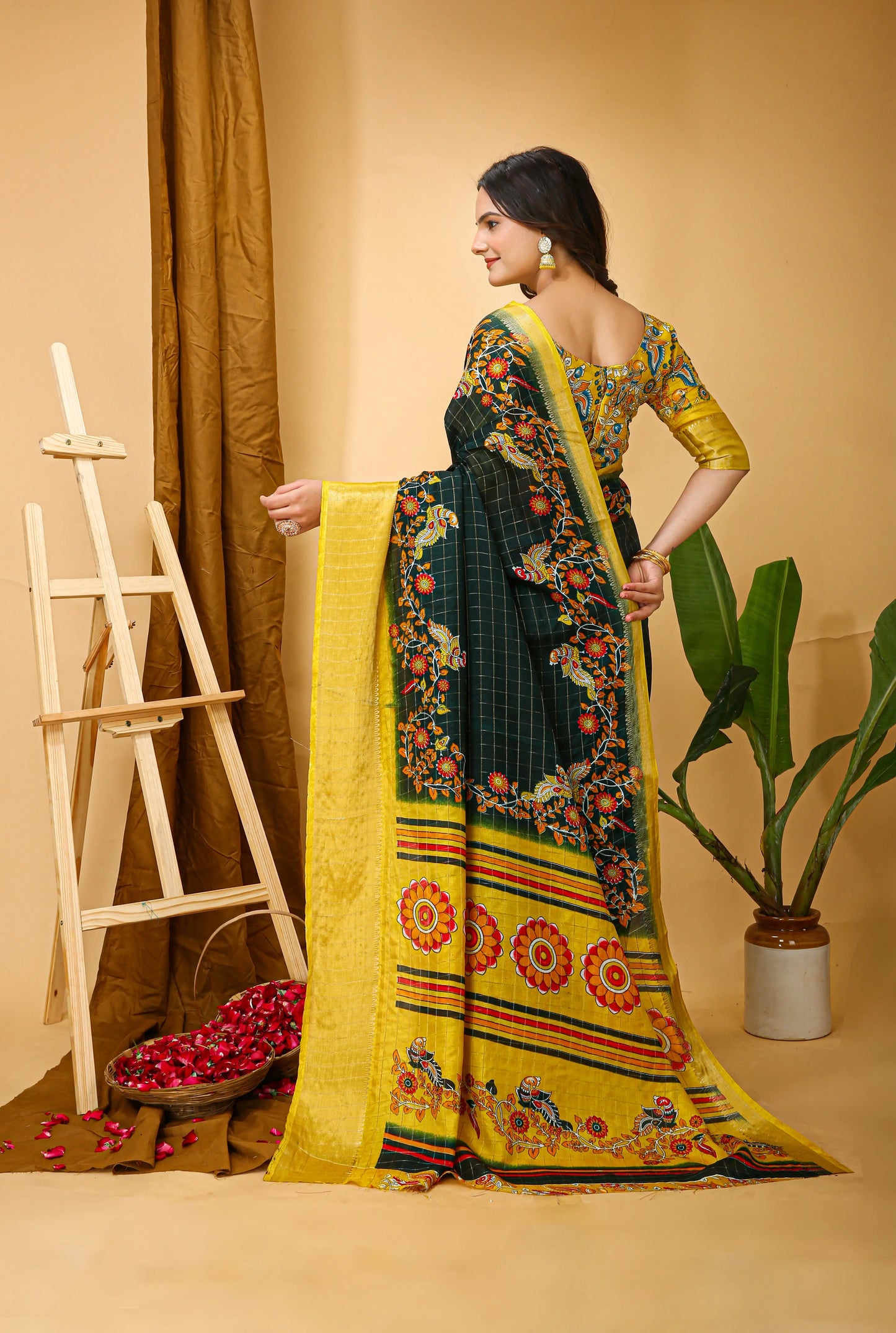 MoonPalav Elegant Dark Green Saree with Floral Motifs Moonpalav