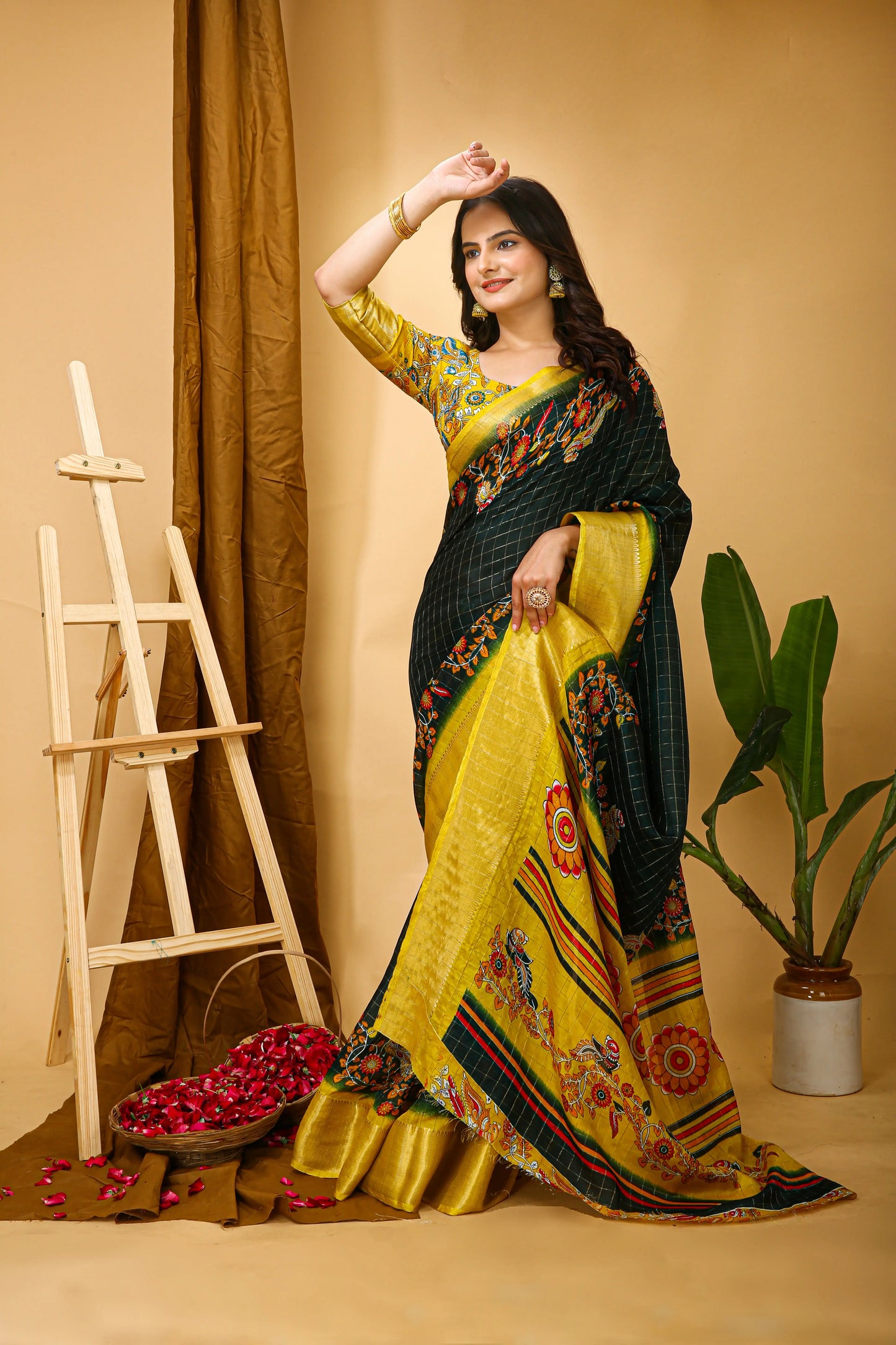 MoonPalav Elegant Dark Green Saree with Floral Motifs Moonpalav