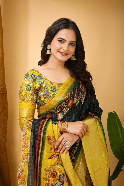 MoonPalav Elegant Dark Green Saree with Floral Motifs Moonpalav