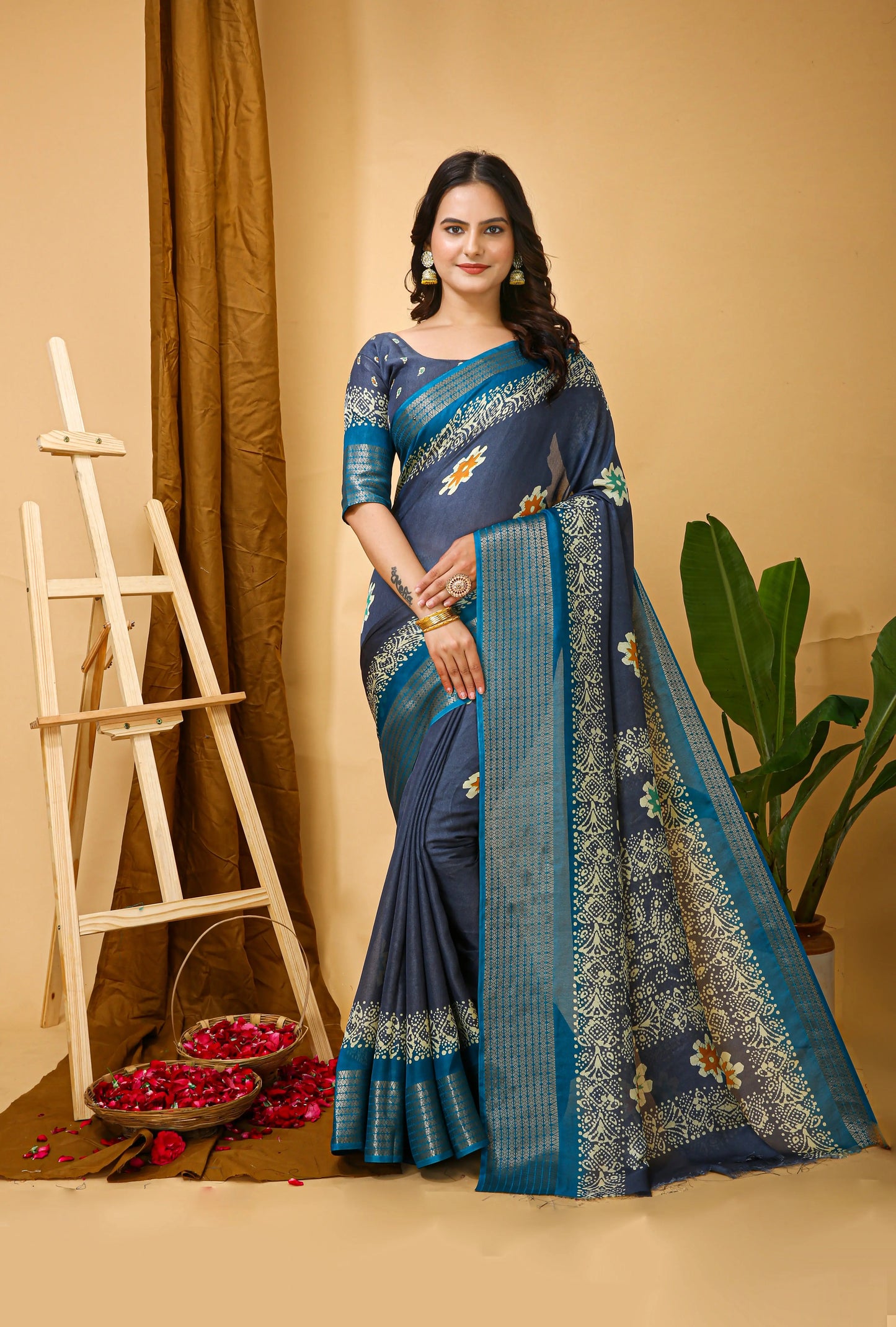MoonPalav Blue Dola Silk Saree with Contrast Border Moonpalav
