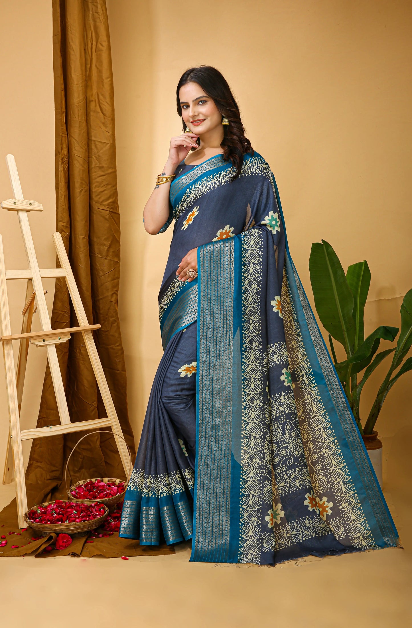 MoonPalav Blue Dola Silk Saree with Contrast Border Moonpalav