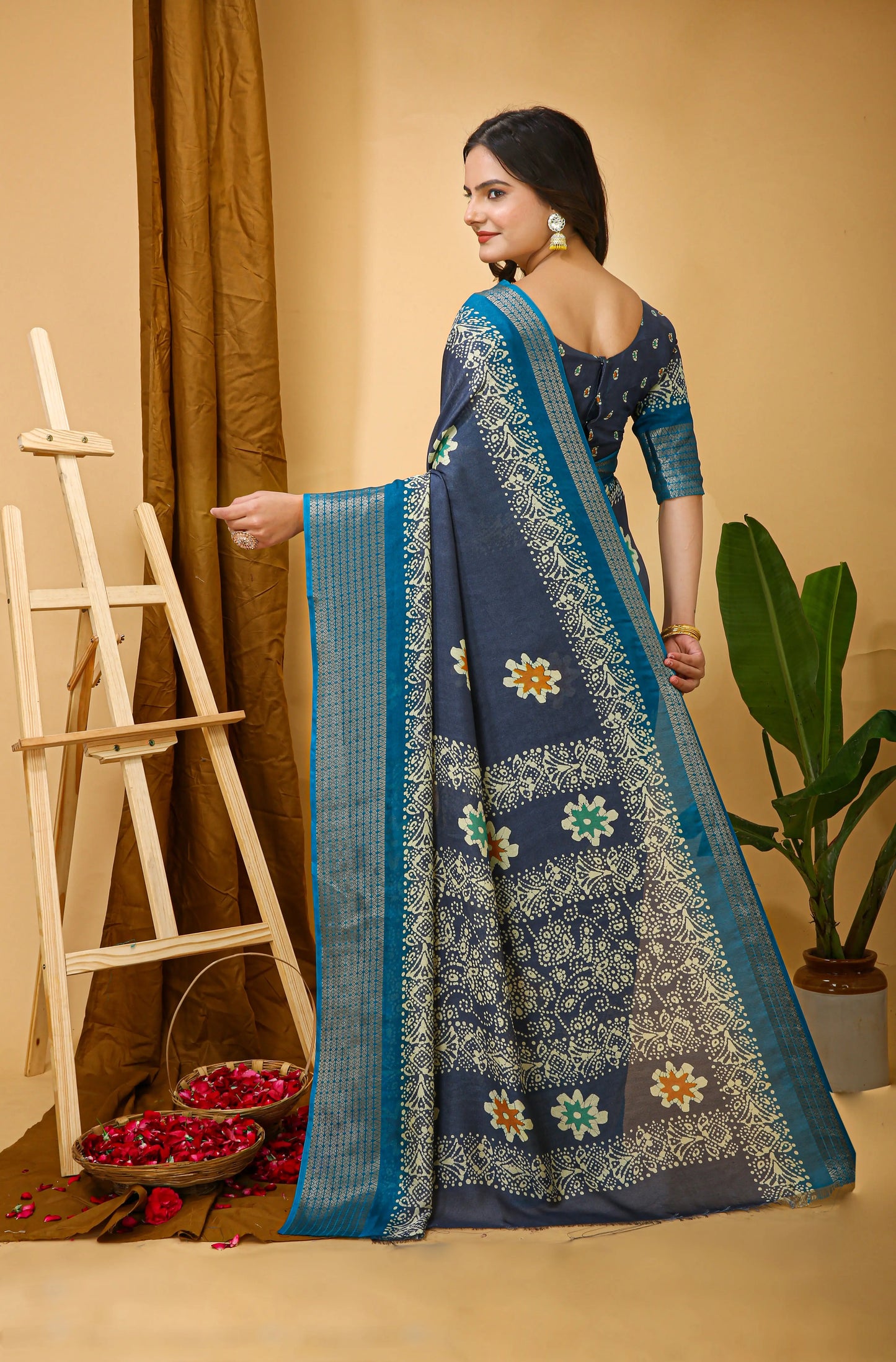 MoonPalav Blue Dola Silk Saree with Contrast Border Moonpalav