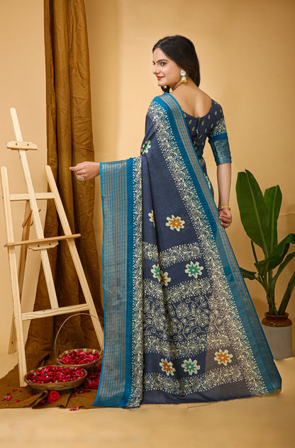MoonPalav Blue Dola Silk Saree with Contrast Border Moonpalav