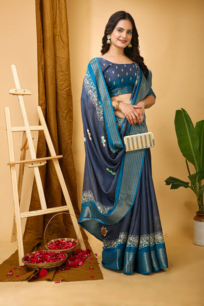 MoonPalav Blue Dola Silk Saree with Contrast Border Moonpalav