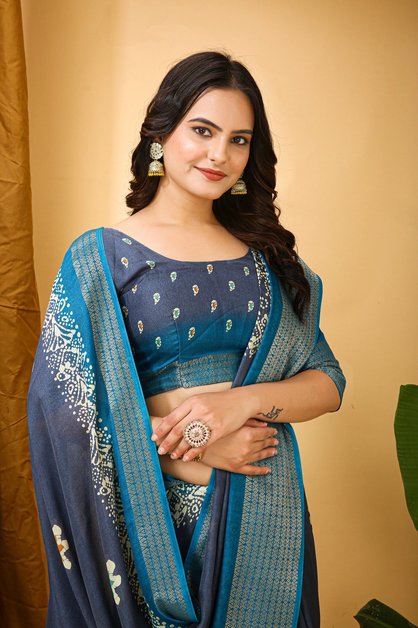 MoonPalav Blue Dola Silk Saree with Contrast Border Moonpalav