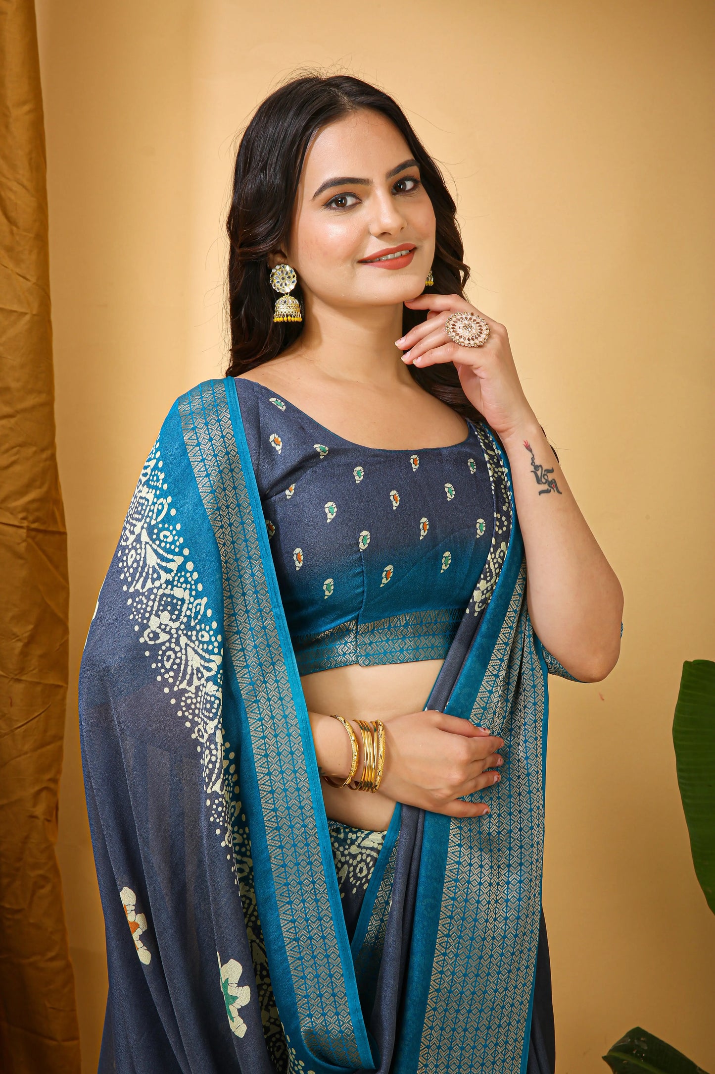 MoonPalav Blue Dola Silk Saree with Contrast Border Moonpalav