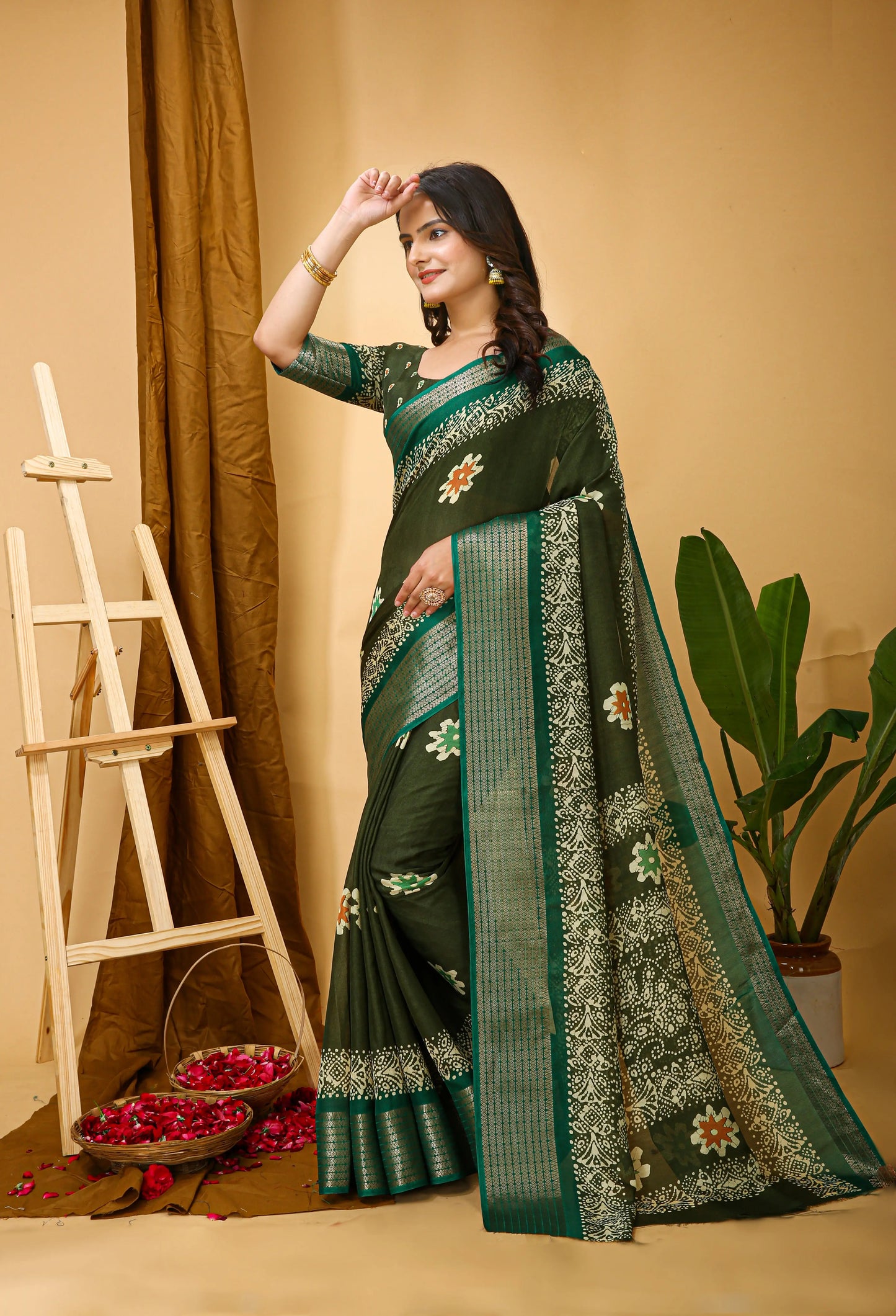 MoonPalav Traditional Indian Saree in Mahendi Green Moonpalav