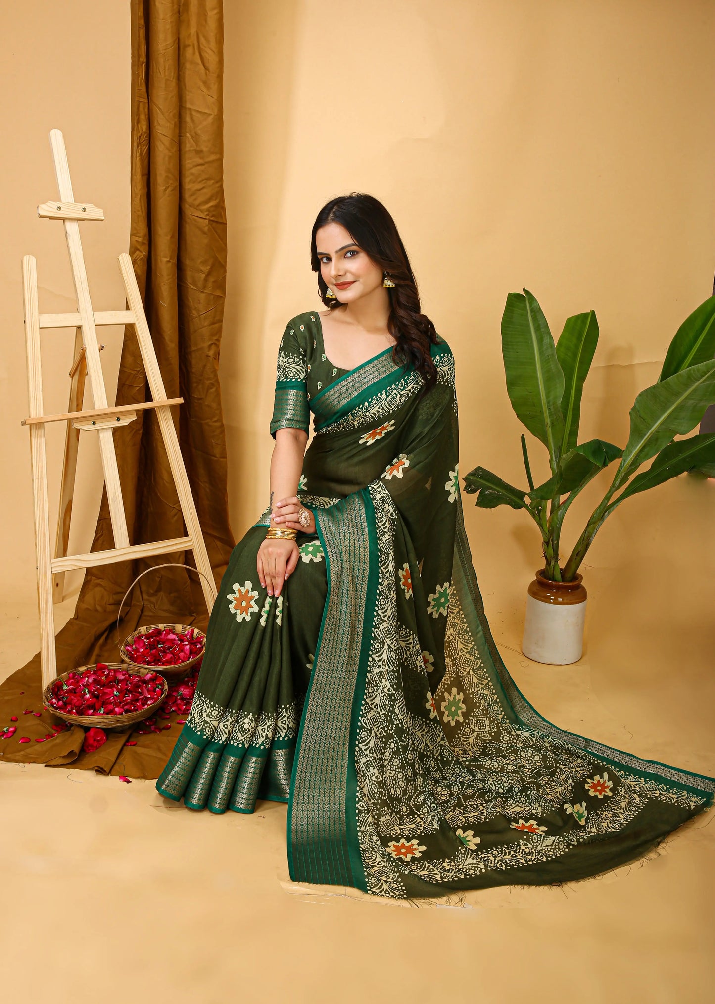 MoonPalav Traditional Indian Saree in Mahendi Green Moonpalav