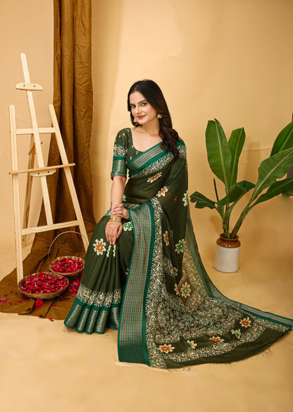 MoonPalav Traditional Indian Saree in Mahendi Green Moonpalav
