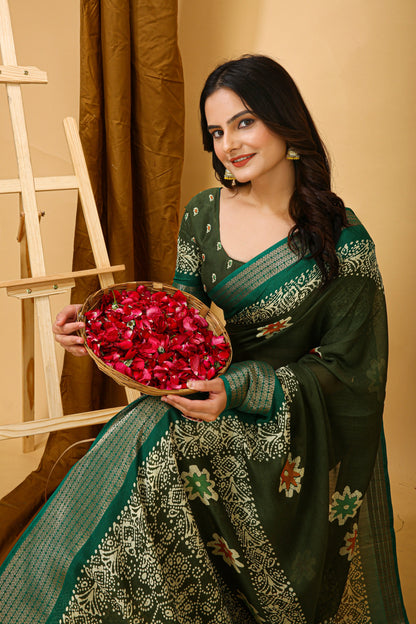 MoonPalav Traditional Indian Saree in Mahendi Green Moonpalav