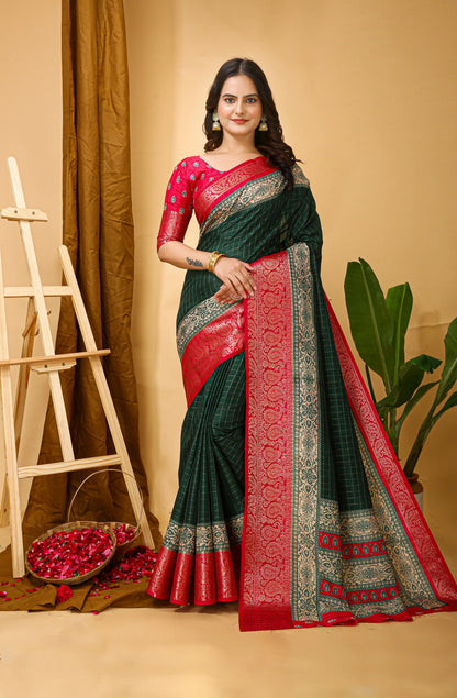 MoonPalav Elegant Green Dola Silk Saree with Red Accents Moonpalav