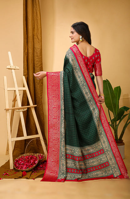MoonPalav Elegant Green Dola Silk Saree with Red Accents Moonpalav