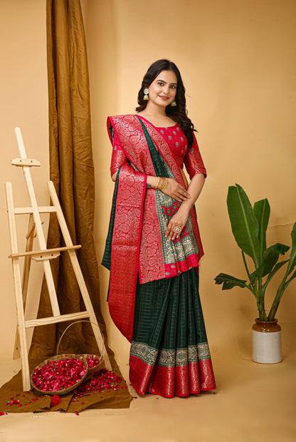 MoonPalav Elegant Green Dola Silk Saree with Red Accents Moonpalav
