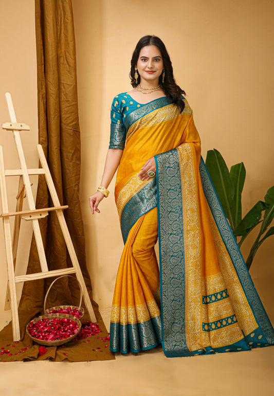 MoonPalav Vibrant Yellow Kanjivaram Silk Saree Moonpalav
