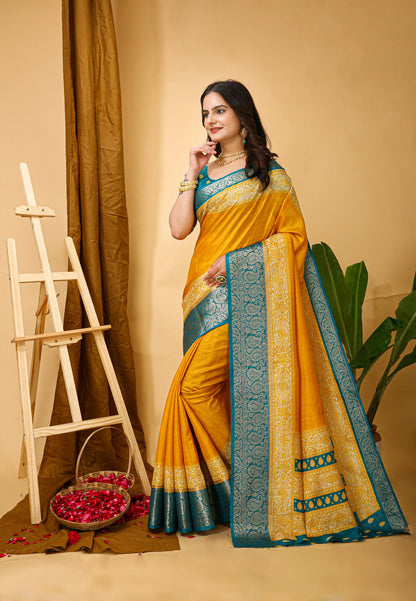 MoonPalav Vibrant Yellow Kanjivaram Silk Saree Moonpalav