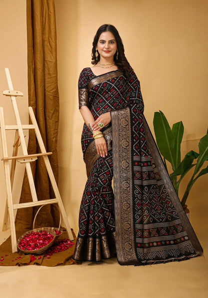 MoonPalav Elegant Bandhani Design Saree in Black Dola Silk Moonpalav