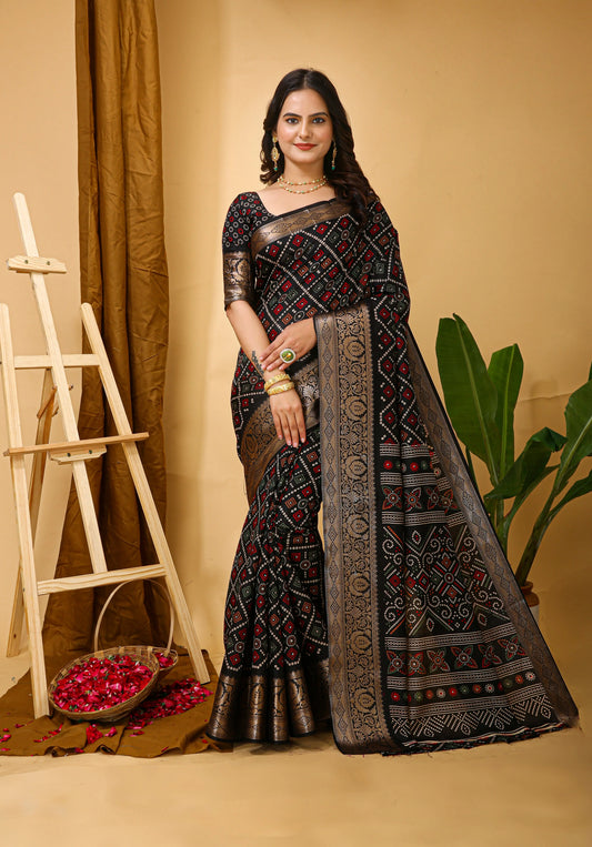 MoonPalav Elegant Bandhani Design Saree in Black Dola Silk Moonpalav