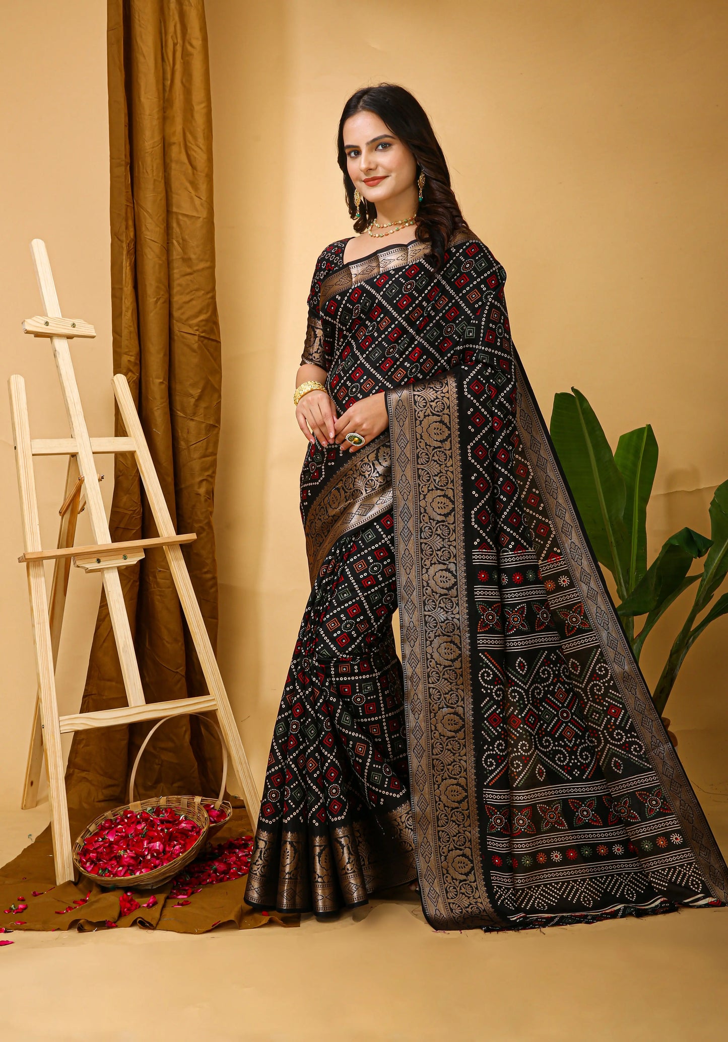 MoonPalav Elegant Bandhani Design Saree in Black Dola Silk Moonpalav