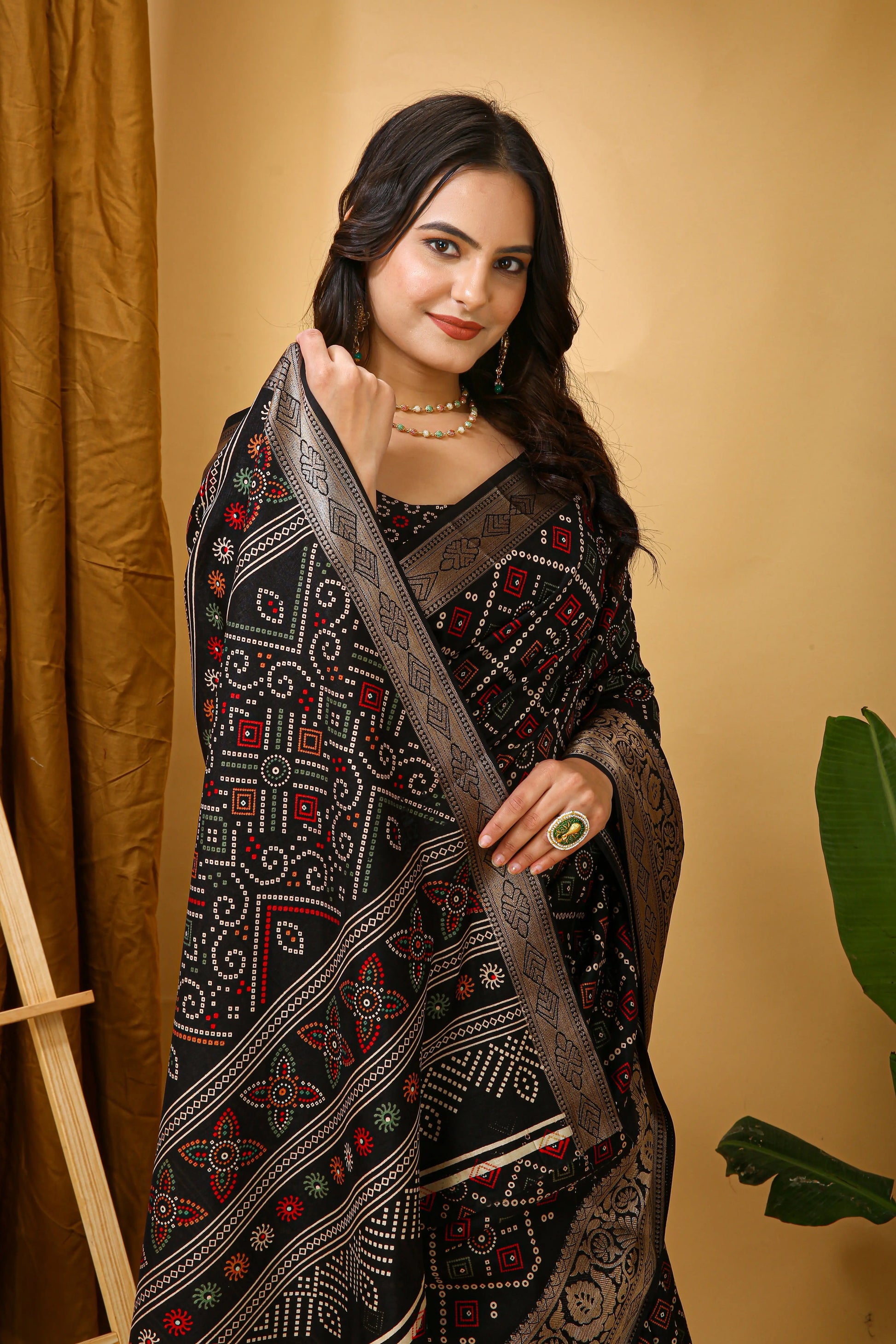 MoonPalav Elegant Bandhani Design Saree in Black Dola Silk Moonpalav