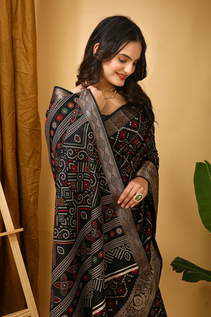 MoonPalav Elegant Bandhani Design Saree in Black Dola Silk Moonpalav
