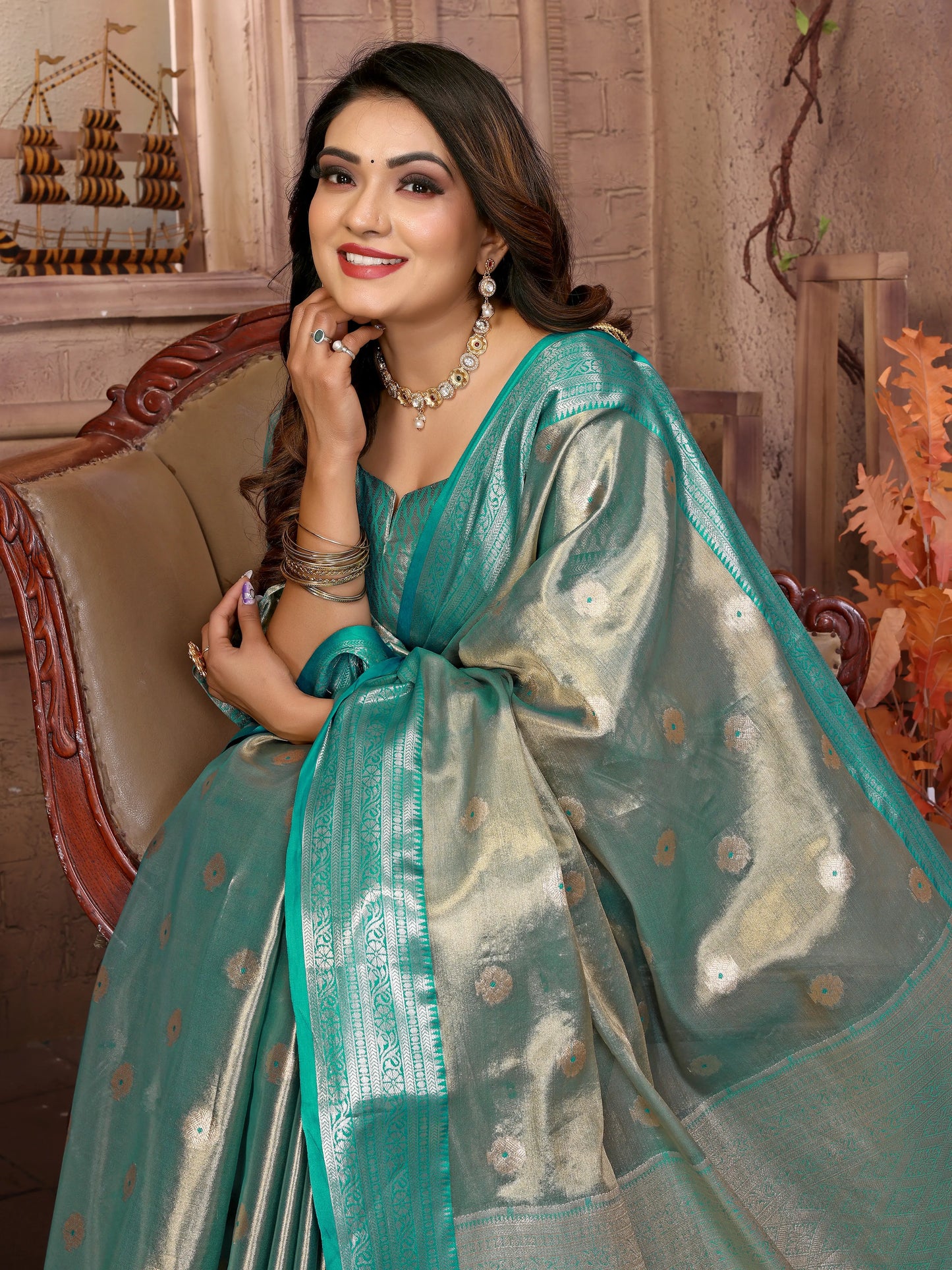 MoonPalav Traditional Mint Green Tissue Silk Saree Moonpalav