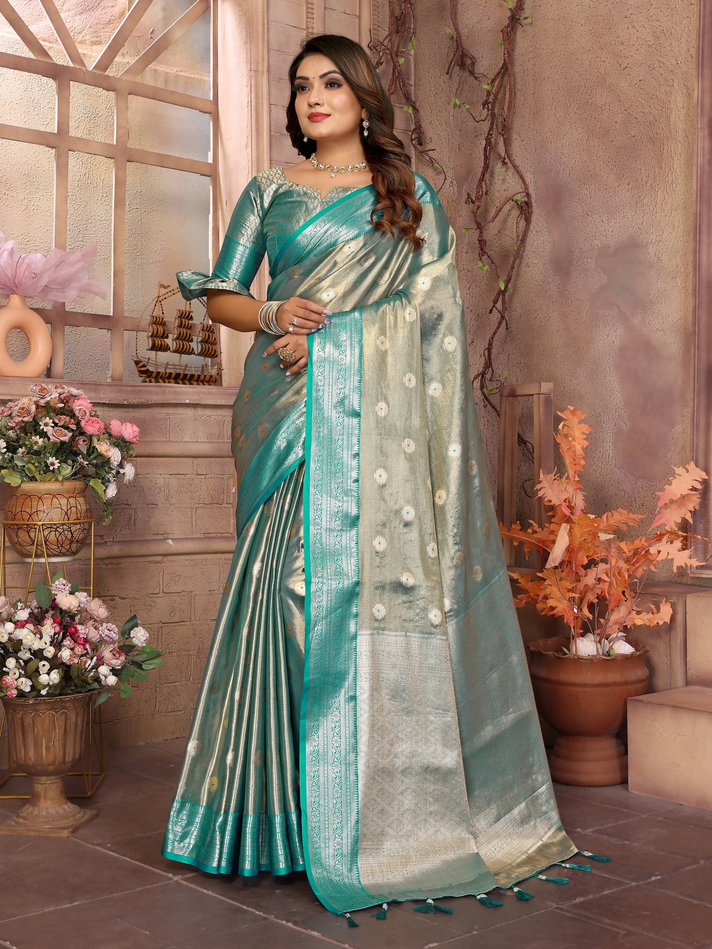 MoonPalav Traditional Mint Green Tissue Silk Saree Moonpalav