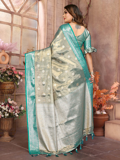MoonPalav Traditional Mint Green Tissue Silk Saree Moonpalav