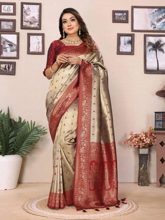 MoonPalav Festive Maroon Tissue Silk Saree Moonpalav
