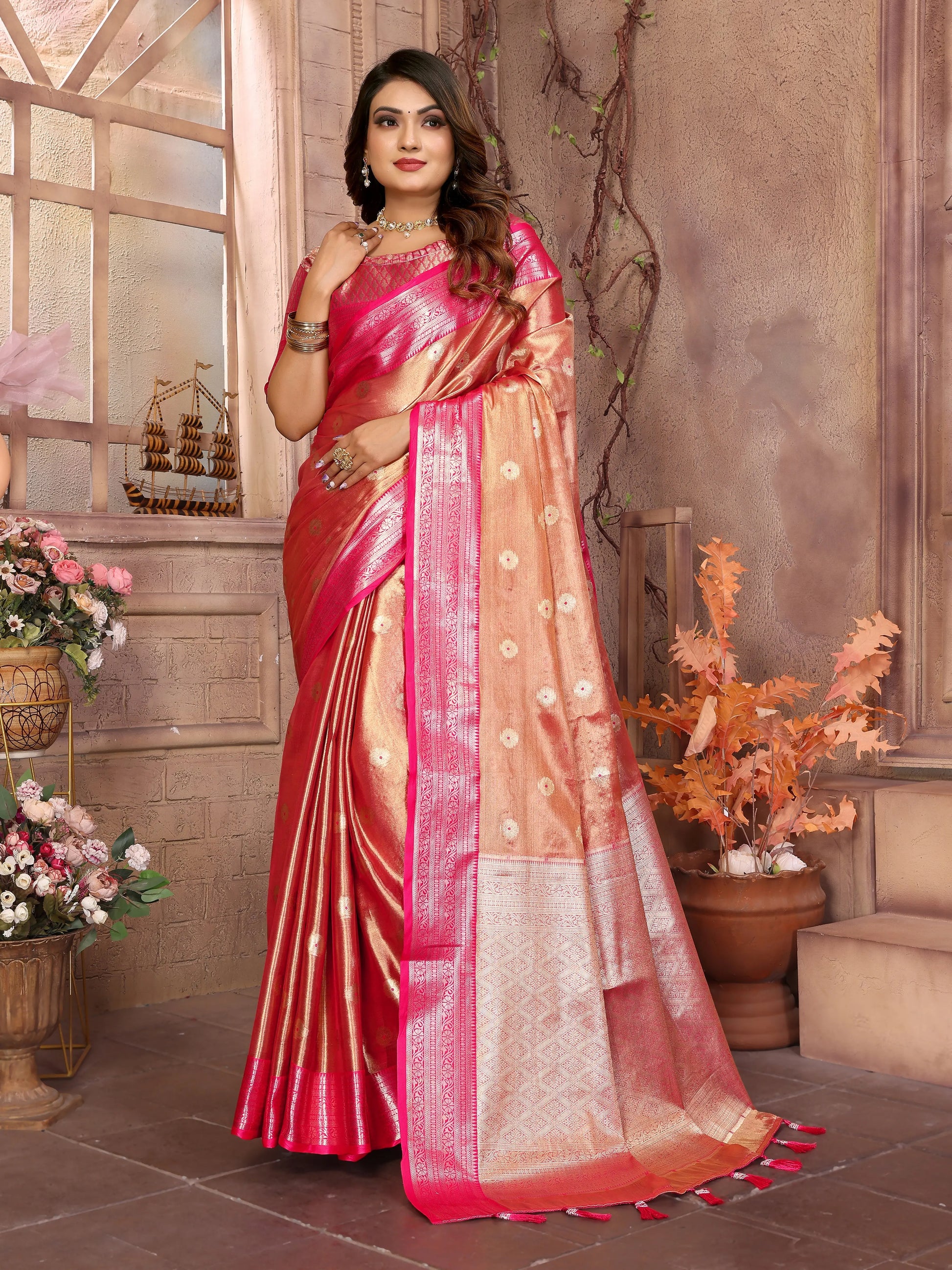 MoonPalav Rani Tissue Silk Saree With Zari Brocade And Zari Border Moonpalav