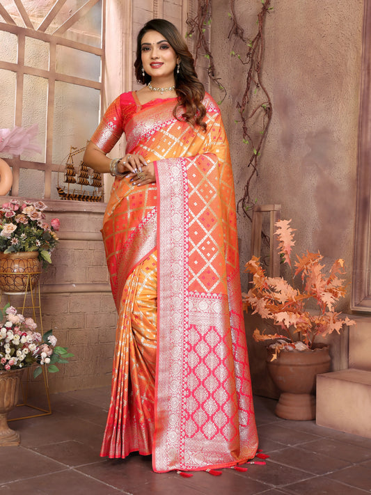 MoonPalav Vibrant Geometric Pattern Litchi Silk Saree Moonpalav