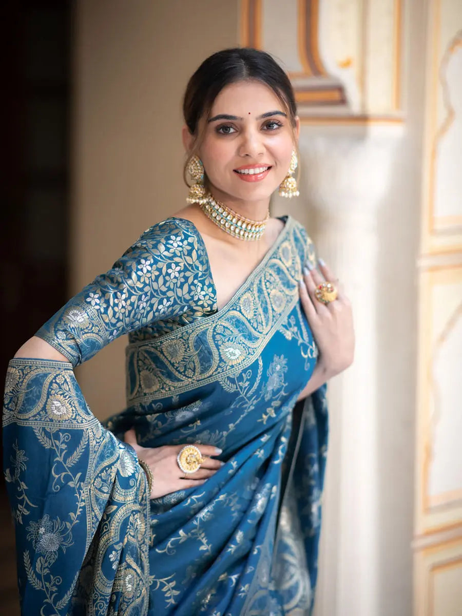 MoonPalav Royal Blue Silk Extravaganza Saree Moonpalav
