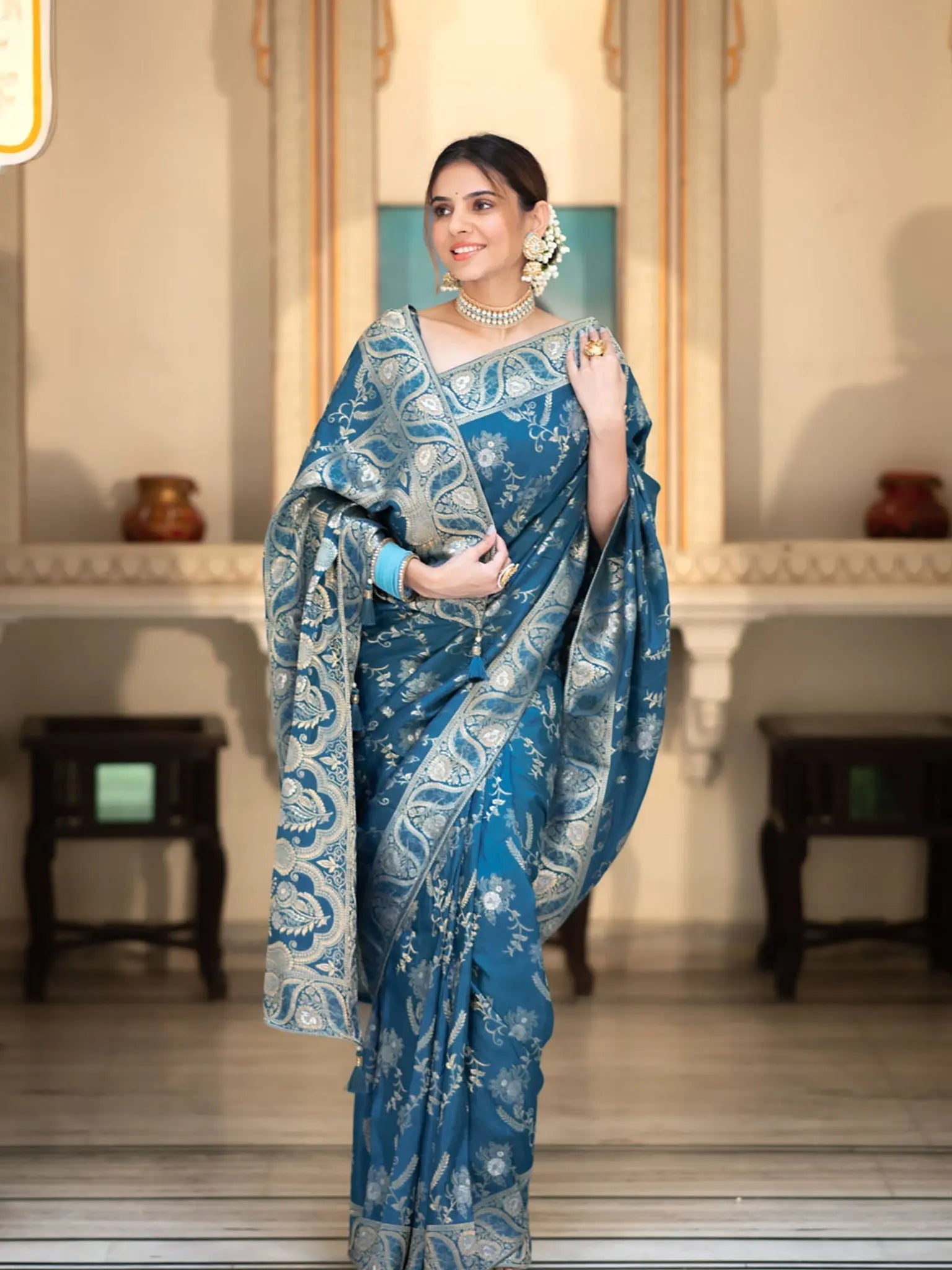 MoonPalav Royal Blue Silk Extravaganza Saree Moonpalav