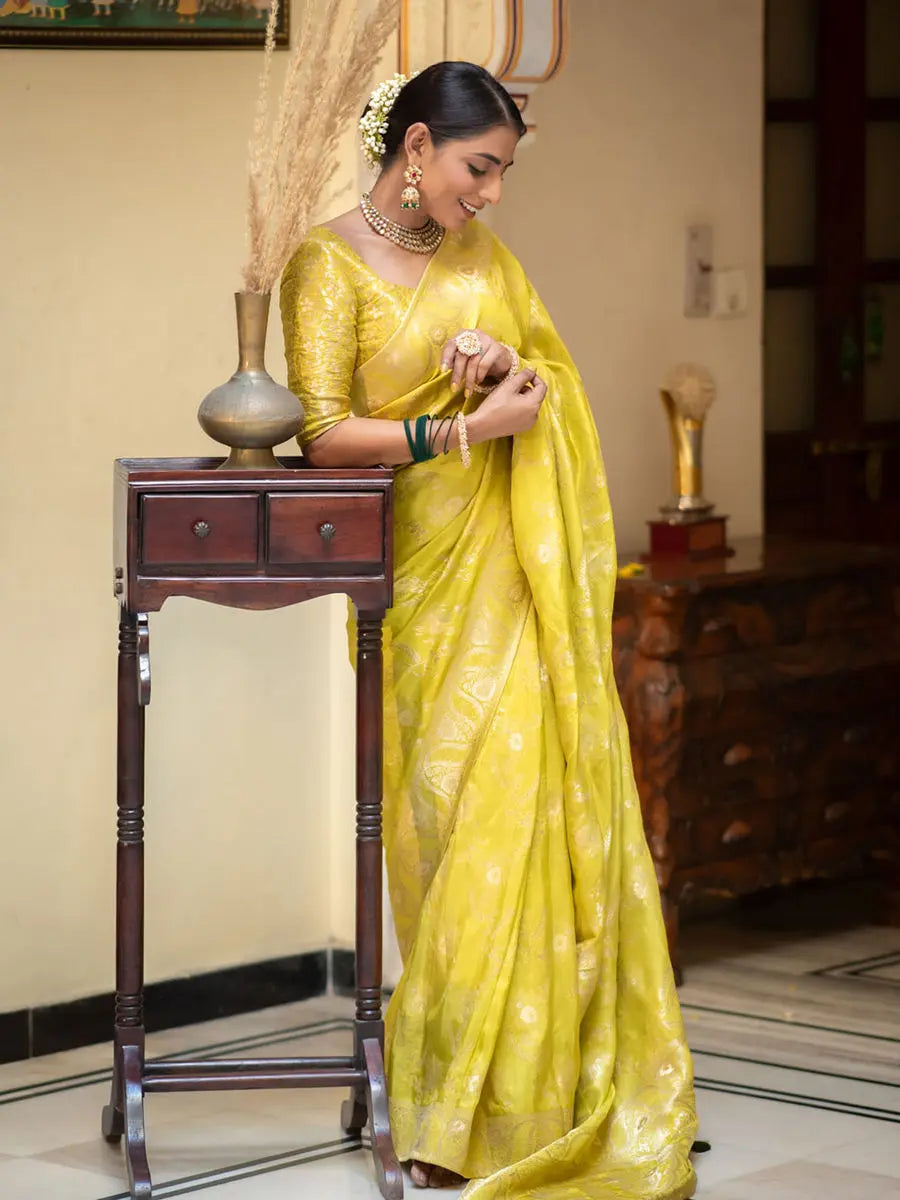 MoonPalav Royal Lemon Banarasi Silk Saree Moonpalav