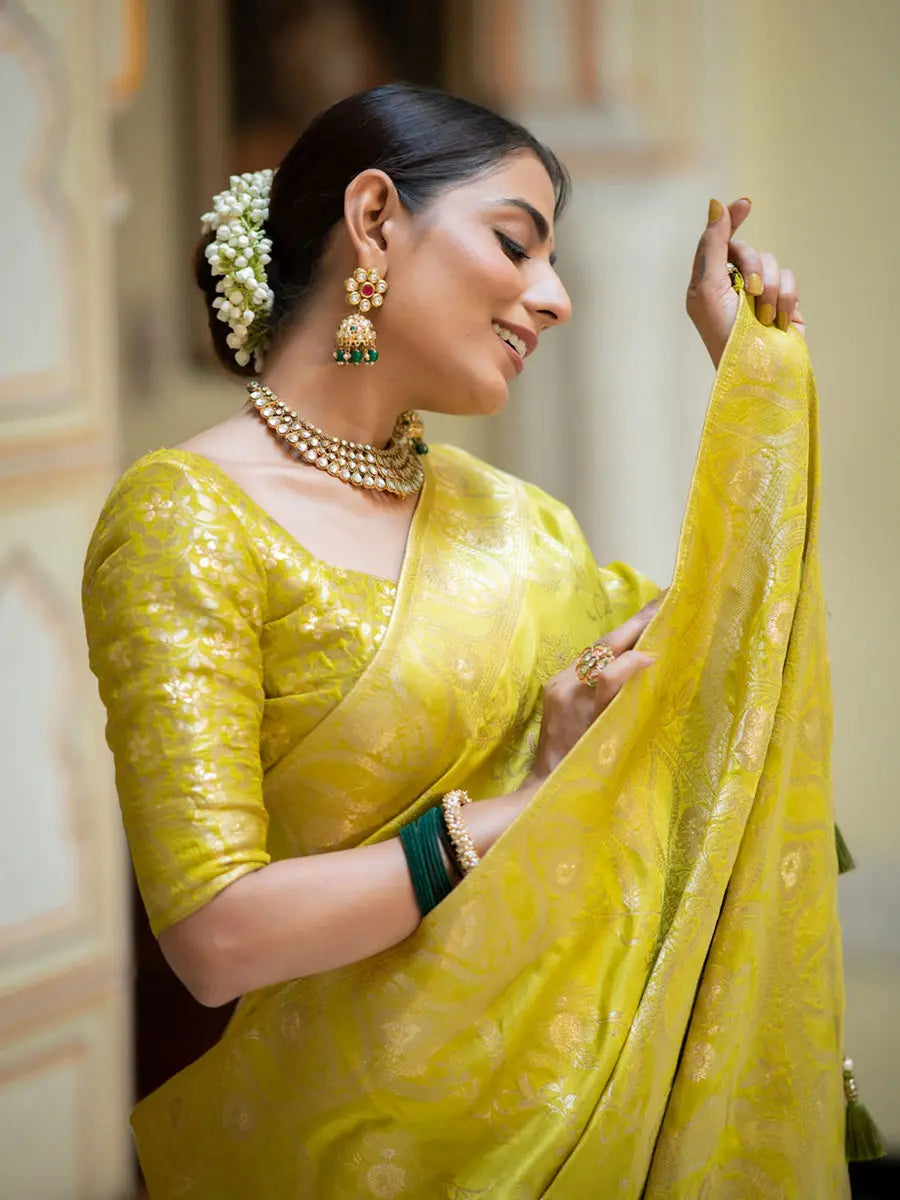 MoonPalav Royal Lemon Banarasi Silk Saree Moonpalav