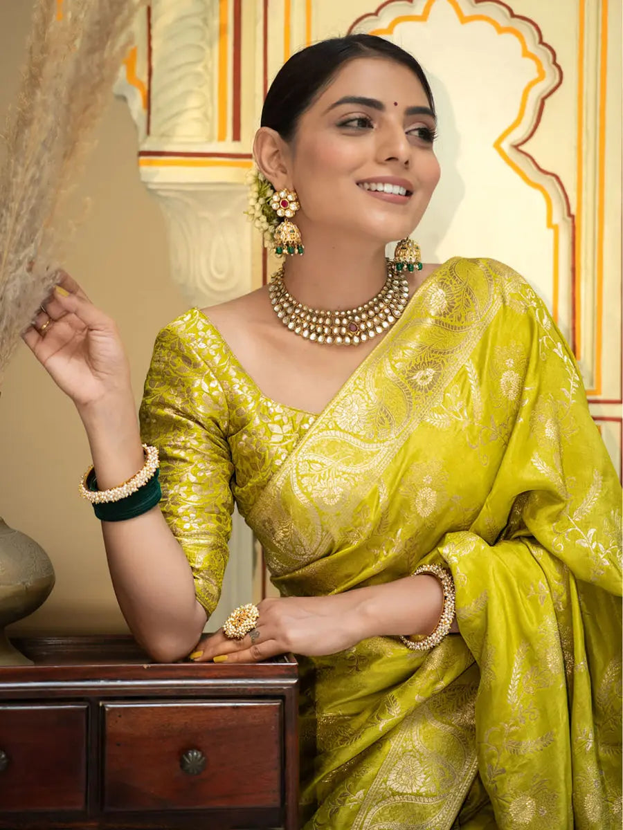 MoonPalav Royal Lemon Banarasi Silk Saree Moonpalav