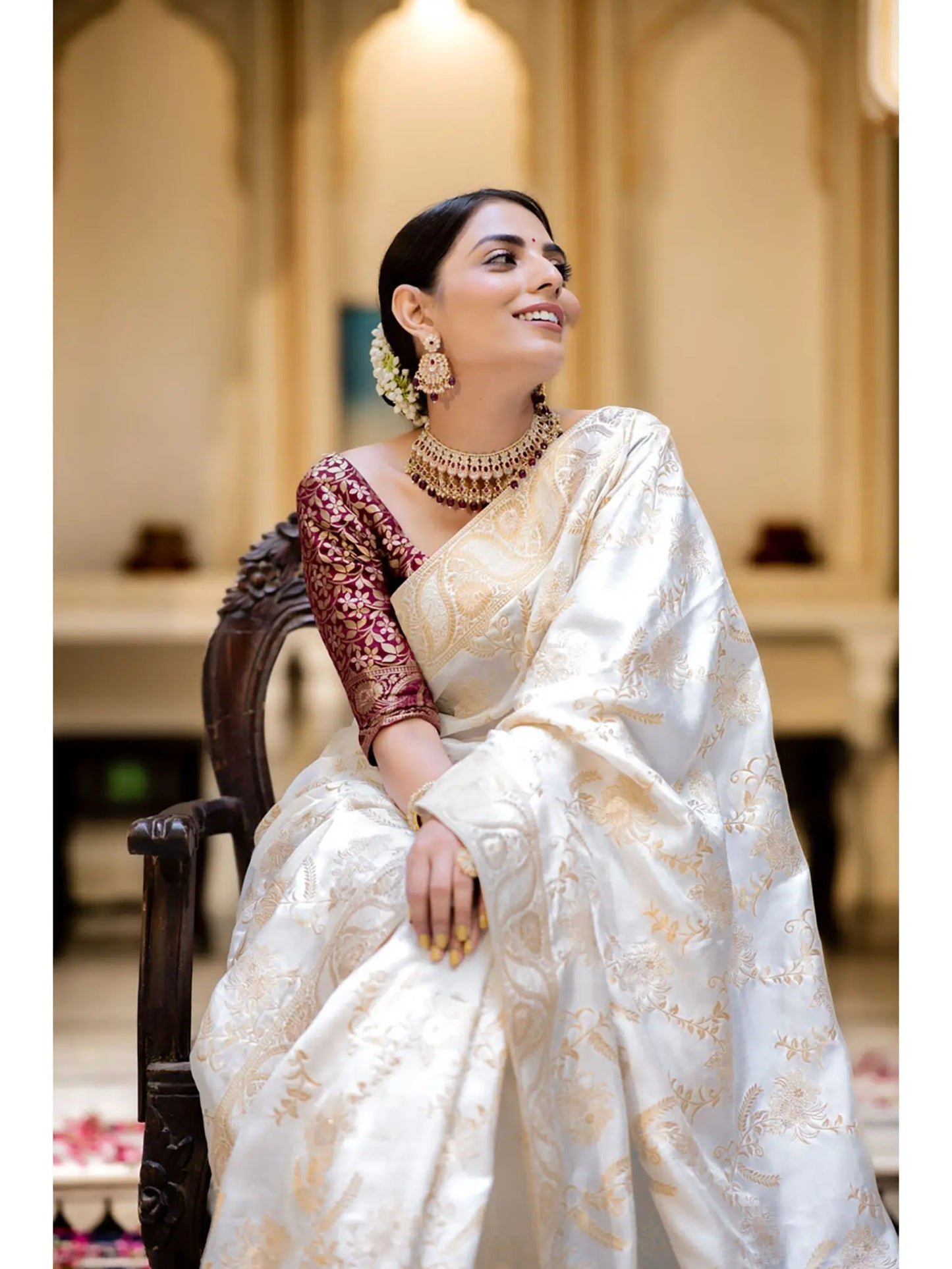 MoonPalav Designer Litchi Silk White Printed Saree Moonpalav