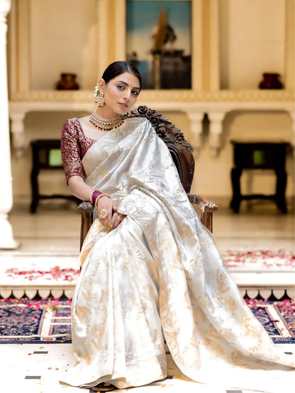 MoonPalav Designer Litchi Silk White Printed Saree Moonpalav