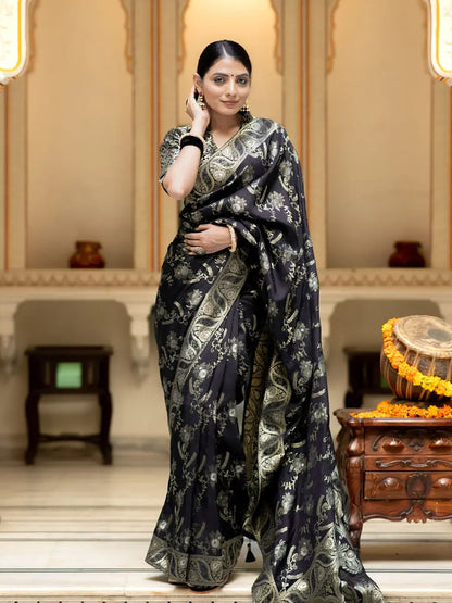 MoonPalav Luxurious Legacy Black and Gold Silk Saree Moonpalav