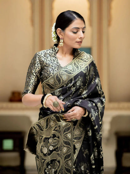 MoonPalav Luxurious Legacy Black and Gold Silk Saree Moonpalav