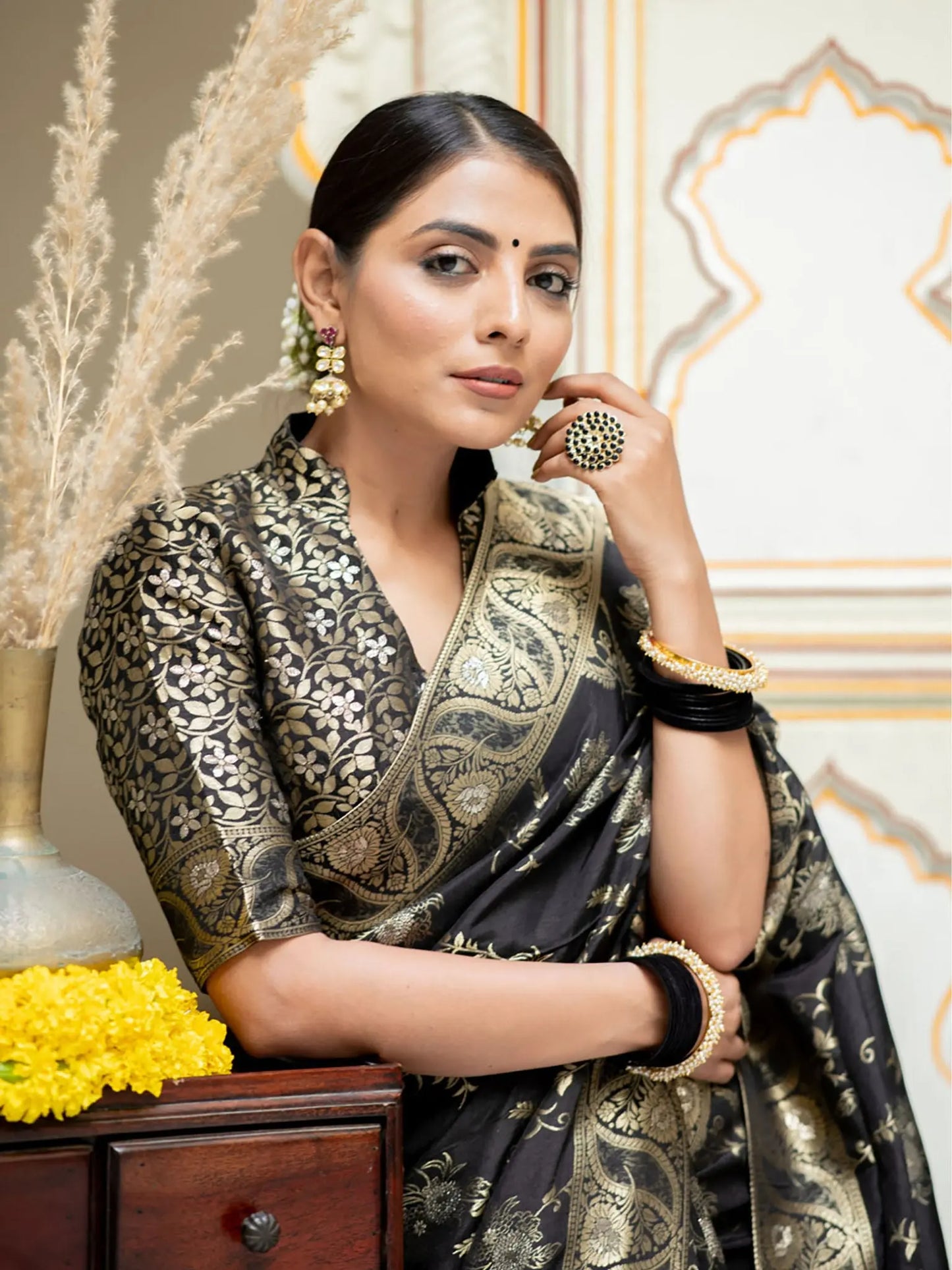 MoonPalav Luxurious Legacy Black and Gold Silk Saree Moonpalav
