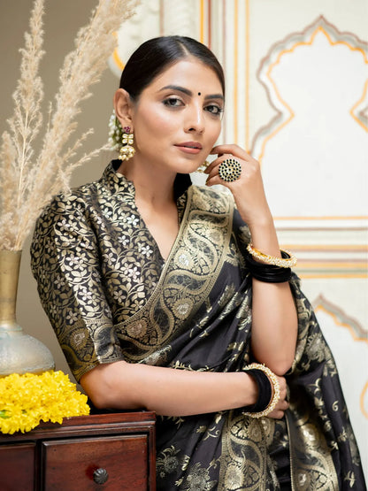 MoonPalav Luxurious Legacy Black and Gold Silk Saree Moonpalav